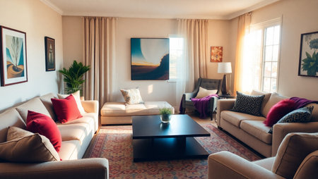 Interior of a living room with beige sofas and sofa