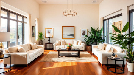 Interior of a living room with beige sofa and coffee table