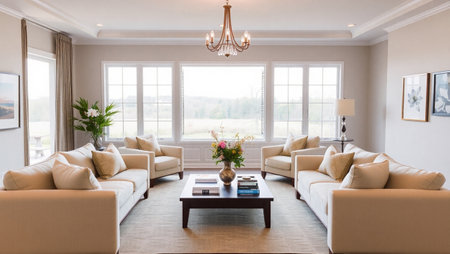 Interior of a modern living room with beige sofas