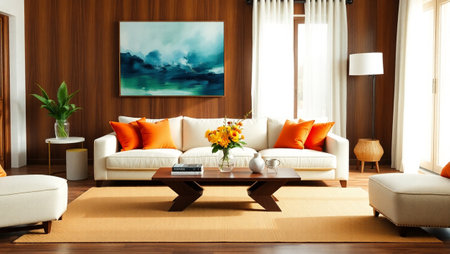 Interior of modern living room with orange cushions on the sofa