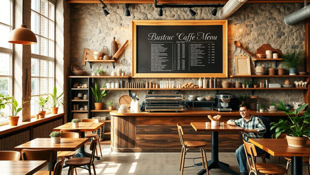 Interior of modern cafe with barista and wooden walls. 3d renderingの写真素材