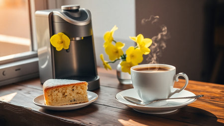 Cup of coffee and cake on a wooden table near the windowの写真素材