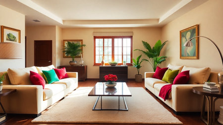 Interior of a living room with sofa, coffee table and plants