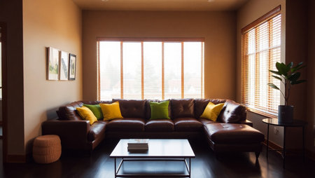 Interior of modern living room with brown leather sofa and yellow pillows