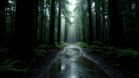 Dark forest in a foggy morning, with a path in the middleの写真素材