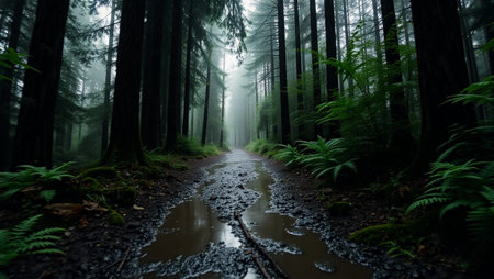 Trail through the forest in a foggy day with trees and fernsの写真素材