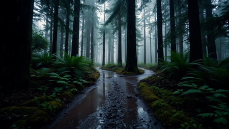 Foggy redwood forest with a stream flowing through it.の写真素材