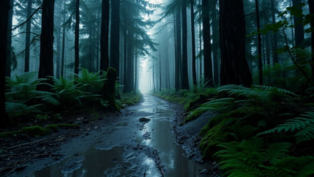 Dark forest road in a foggy morning with ferns and treesの写真素材
