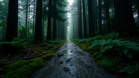 Redwood Forest, California, USA. Foggy Forest Road.