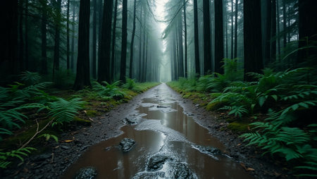 Foggy forest road with puddles and moss in the foreground