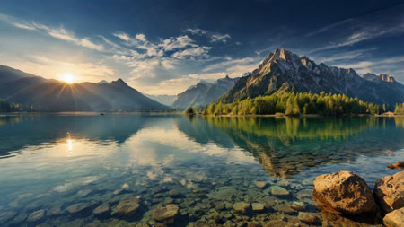 Panoramic view of the lake Eibsee in Bavaria, Germanyの写真素材