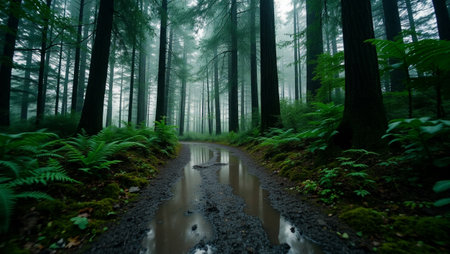 Mysterious forest with fog and puddles in the foregroundの写真素材