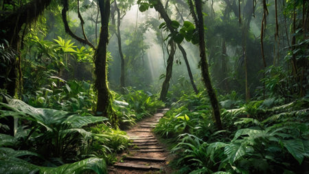 Wooden trail in the rainforest of Doi Inthanon National Park, Chiang Mai, Thailand