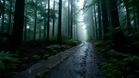 Path through the dark forest in a misty foggy morning.