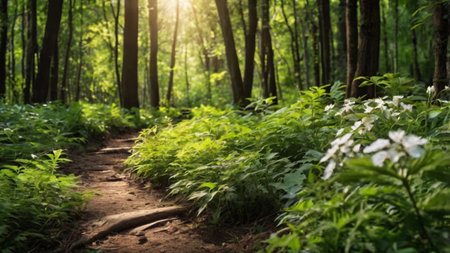 Path in green forest with white flowers and sunbeams. Nature backgroundの写真素材