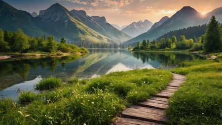 Beautiful mountain lake in the mountains at sunset. Landscape with a lake in the mountains.の写真素材