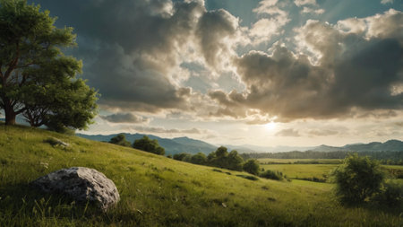 Sunset in the mountains. Panoramic view of the meadowの写真素材