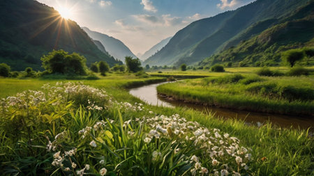 Beautiful summer landscape with river and green meadow in Caucasus mountainsの写真素材