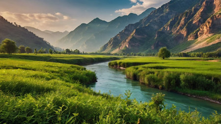 Panoramic view of the river and mountains at sunset, Kyrgyzstanの写真素材