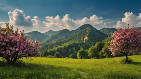 Beautiful spring landscape with blooming tree and mountains in the background