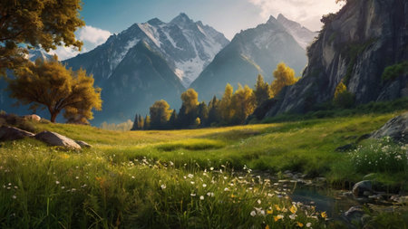 Beautiful alpine meadow with mountains in background, panoramaの写真素材