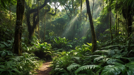 Tropical rainforest with sunbeams in the morning.