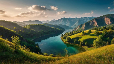 Panoramic view of the lake in the mountains at sunset.