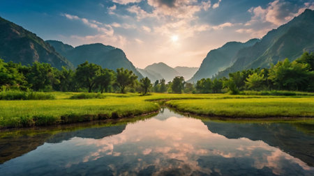 Rice field and mountain at sunset in Vietnam. Panorama.