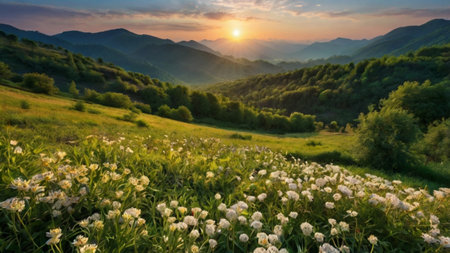 Beautiful summer landscape with blooming flowers in the mountains at sunsetの写真素材