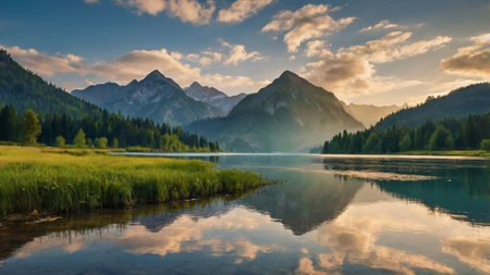 Mountain lake with reflection in the water at sunset. Summer landscape.