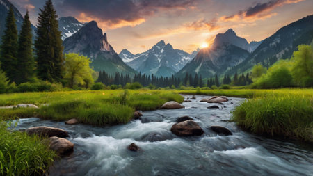 Panoramic view of the mountain river at sunset. Nature composition.