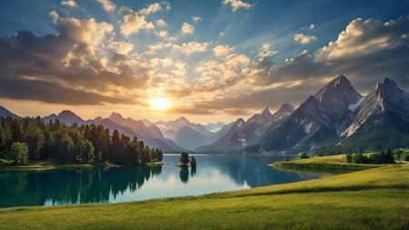 Panoramic view of alpine lake and mountains at sunsetの写真素材