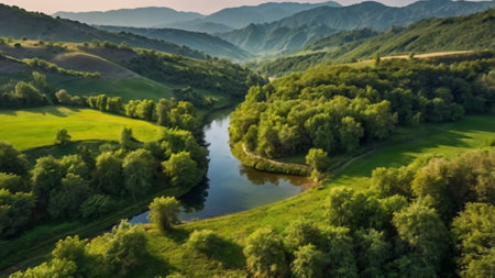 Beautiful panoramic aerial view of green hills and river. Beautiful summer landscapeの写真素材