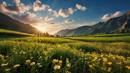 Sunset over alpine meadow in summer. Beautiful nature background.