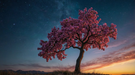 Pink cherry tree at night with milky way and starry sky