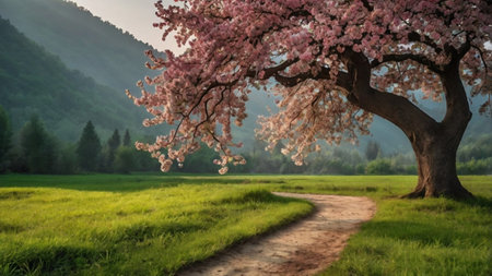 Beautiful cherry blossom tree in springtime with path in the background