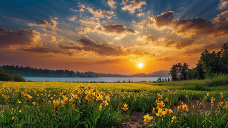 Sunset over the lake and daffodils on the foregroundの写真素材