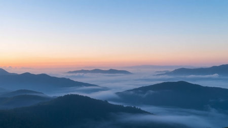 Sunrise in the mountains with fog in the morning, Doi Inthanon National Park, Chiang Mai, Thailandの写真素材