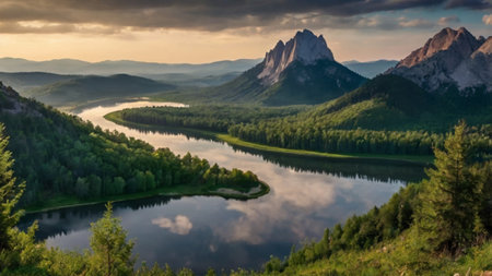panoramic view of a mountain lake in the mountains at sunset