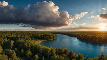 Aerial view of the river and forest on the shore at sunsetの写真素材