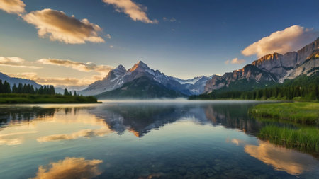 Sunset over the lake in Banff National Park, Alberta, Canada