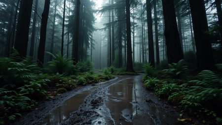 Rainy day in Redwood Forest, California, United States.の写真素材