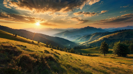 Beautiful sunset in the mountains. Carpathian, Ukraine, Europeの写真素材