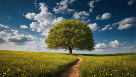 Lonely tree in a meadow with yellow dandelions