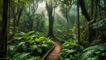 Wooden path in the rainforest, Doi Inthanon National Park, Chiang Mai, Thailandの写真素材