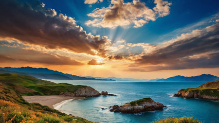 Beautiful sunset on the sea coast. Panoramic image.の写真素材