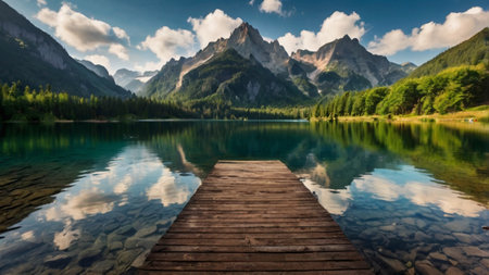 Wooden pier on the lake in the Dolomites, Italyの写真素材