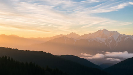 Beautiful sunset in the mountains. View of the Caucasus Mountains.