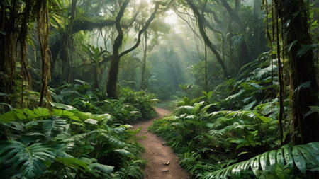Hiking trail in rainforest at Doi Inthanon National Park, Chiang Mai, Thailandの写真素材
