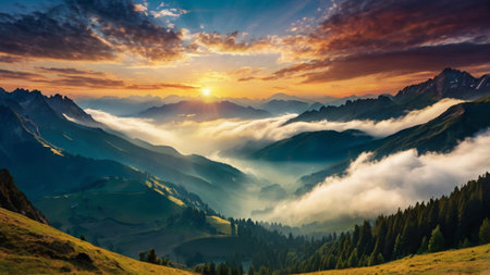 Fantastic sunset in the mountains. Dramatic scene. Beauty world.